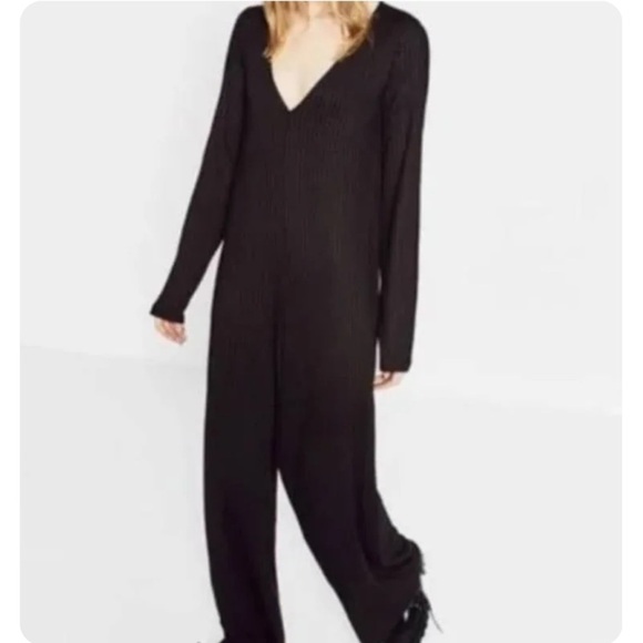 Zara Trafalac Ribbed Long Sleeve Black Jumpsuit Size L Goth Wide Leg Stretchy - Picture 1 of 6